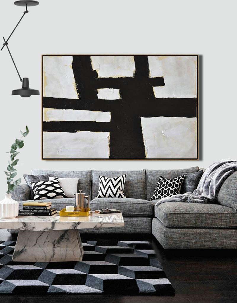 Large Contemporary Art Canvas Painting,Horizontal Palette Knife Minimal Canvas Art Painting Black White Beige - Abstract Paintings On Sale